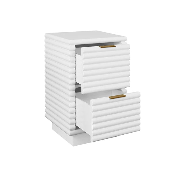 White nightstand with gold accents on a white background