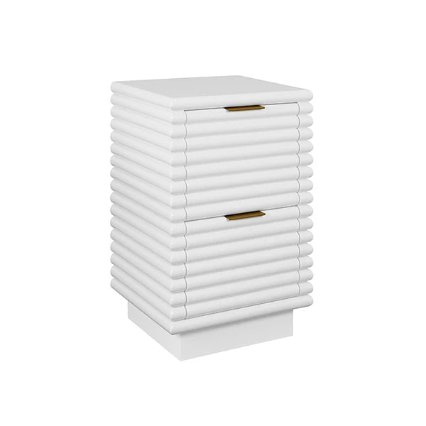 White nightstand with gold accents on a white background