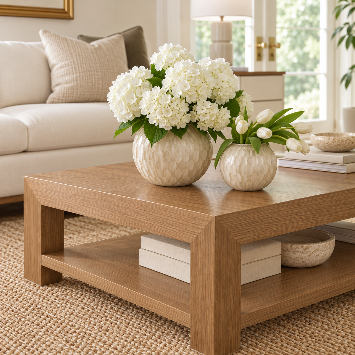 A modern square wooden coffee table in a bright living room, styled with two textured cream ceramic vases containing white hydrangeas and tulips.