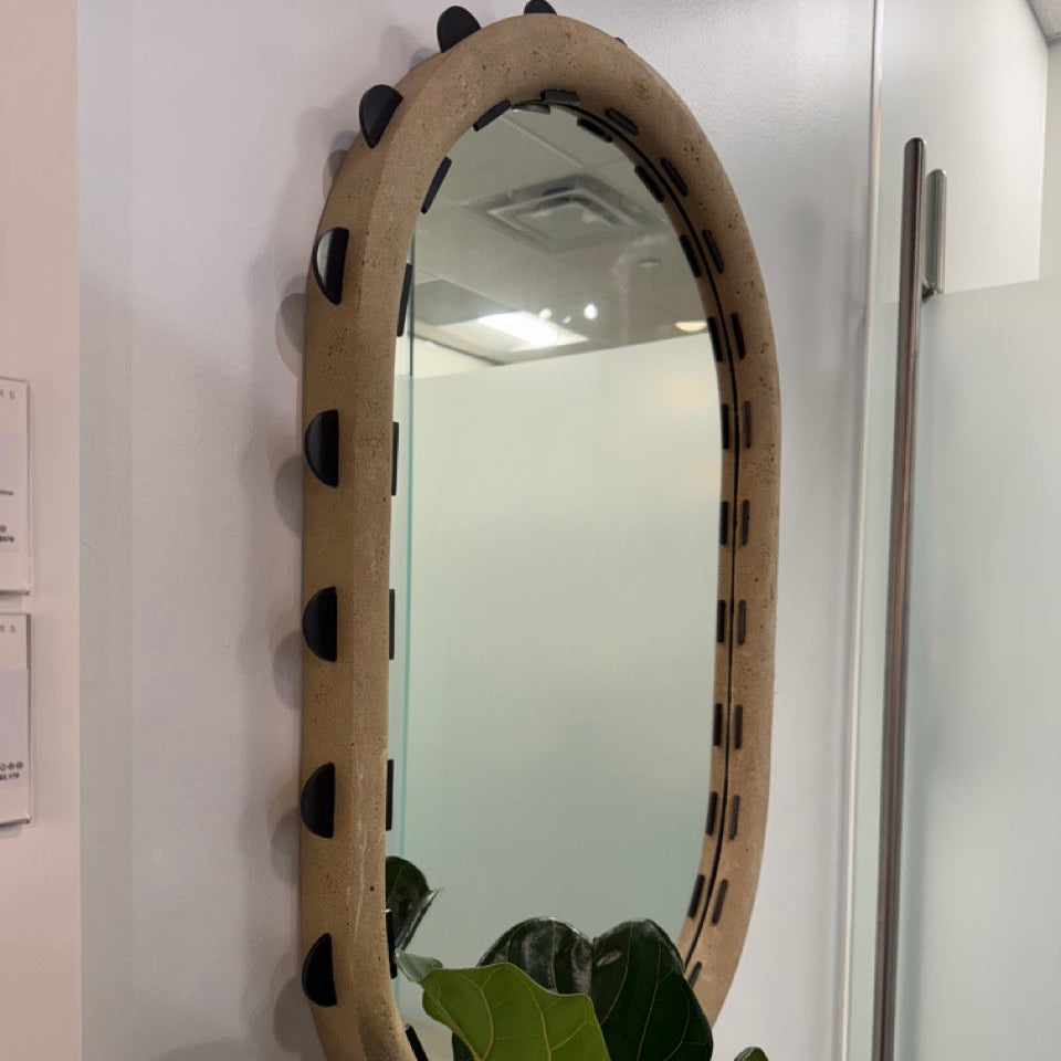 Decorative mirror with a unique frame on a wall next to a plant