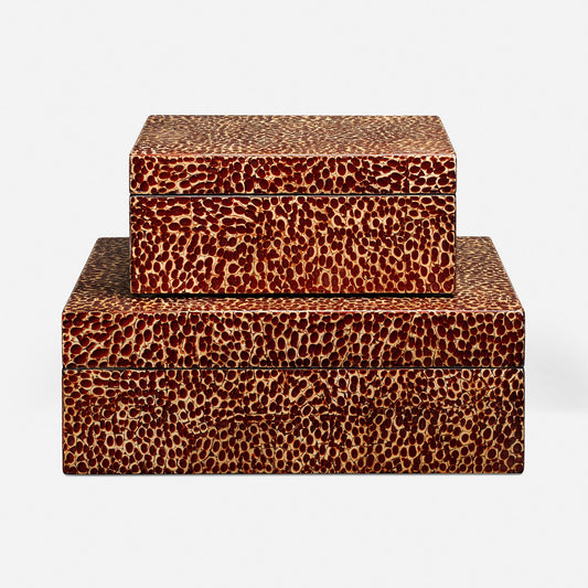 two stacked rectangular storage boxes with a textured brown and beige animal-print pattern, photographed against a clean white background.