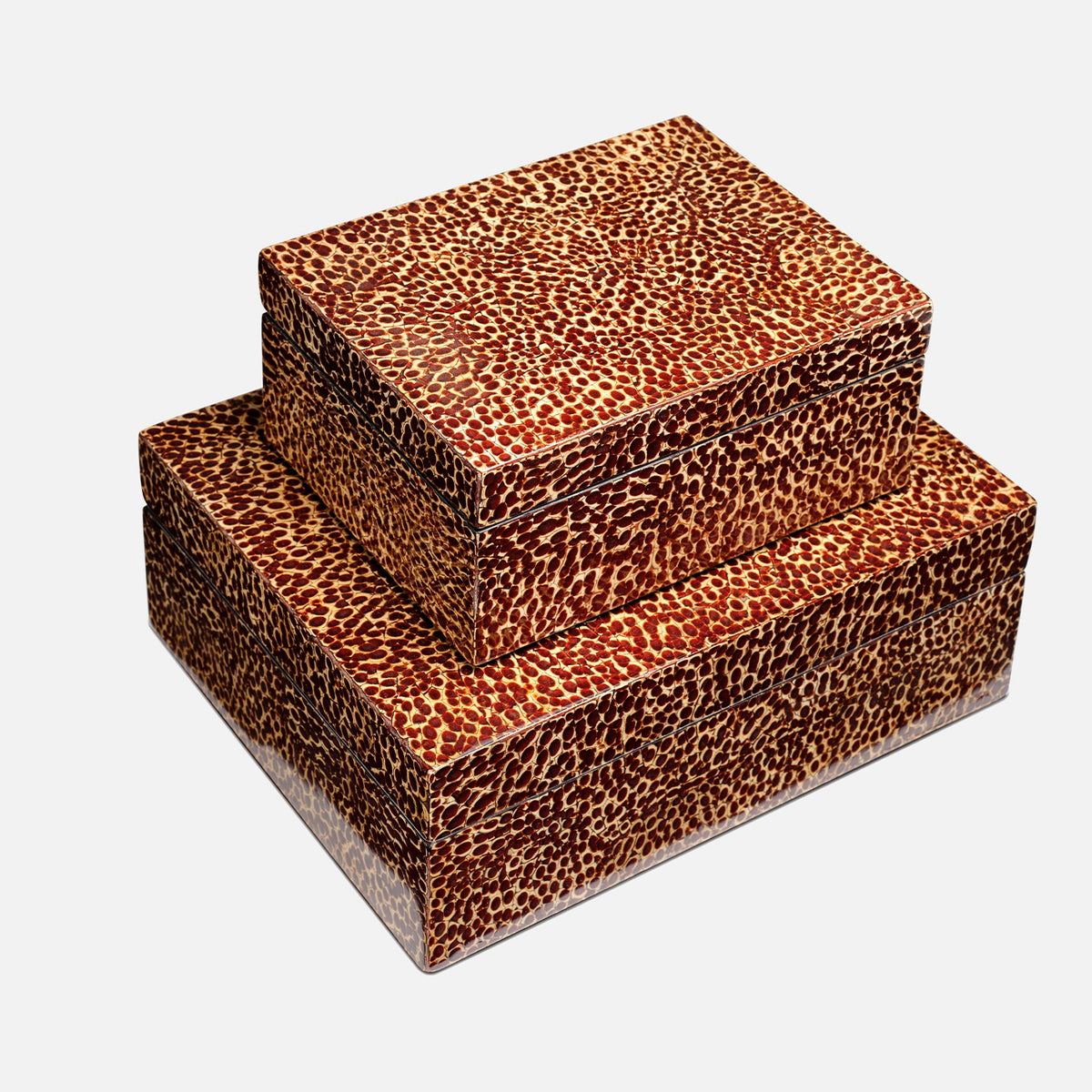 A set of two nested rectangular boxes with a brown and beige leopard print pattern, shown on a light gray background.