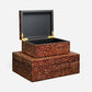 A set of two stacked rectangular storage boxes with a brown and black leopard print pattern, featuring gold-tone metal hinges and an open top box with a dark interior, shown on a light gray background.