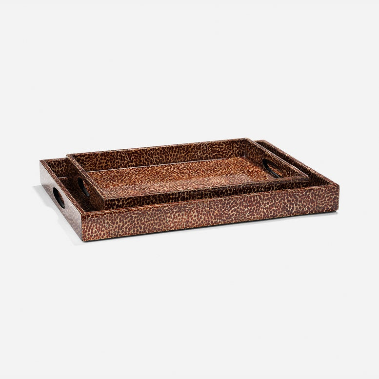 A nested set of two rectangular serving trays with a textured brown and black leopard print pattern, shown on a light gray background.