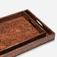 A rectangular serving tray with a glossy brown and black leopard print pattern, featuring integrated oval cutouts in the sides as handles, shown on a light gray background.