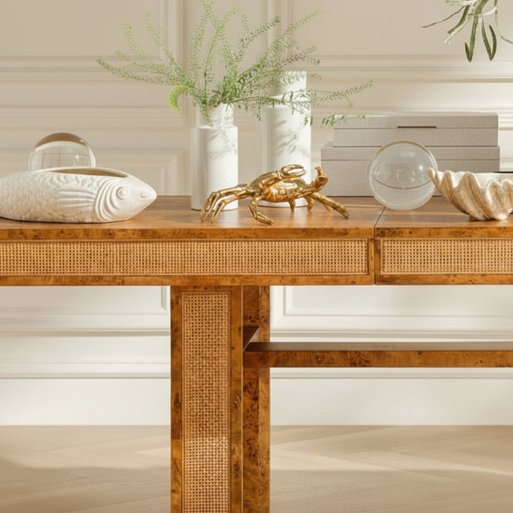 Wooden table with decorative items in a room with white walls and wooden floor.