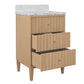 A three-drawer bathroom vanity cabinet in a light natural wood finish with small round metallic knobs, topped with a white marble countertop and backsplash, shown on a plain white background.