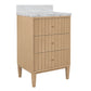 A three-drawer bathroom vanity cabinet in a light natural wood finish with small round metallic knobs, topped with a white marble countertop and backsplash, shown on a plain white background.