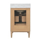 The back of a three-drawer bathroom vanity cabinet in a light natural wood finish with small round metallic knobs, topped with a white marble countertop and backsplash, shown on a plain white background.