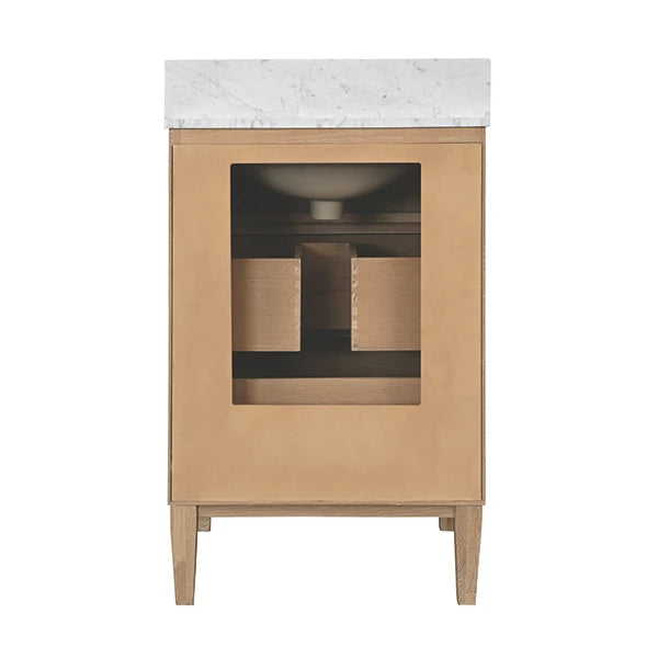 The back of a three-drawer bathroom vanity cabinet in a light natural wood finish with small round metallic knobs, topped with a white marble countertop and backsplash, shown on a plain white background.