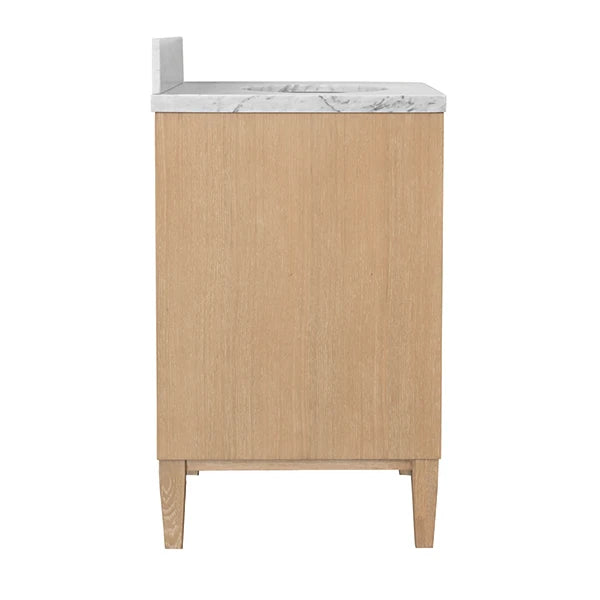 Wooden bathroom vanity with marble countertop on a white background