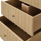 Wooden storage bench with two drawers on a white background