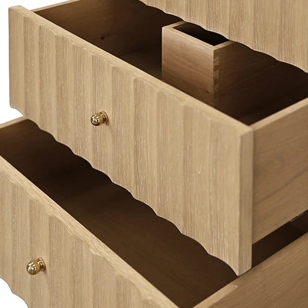 Wooden storage bench with two drawers on a white background