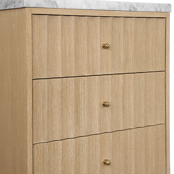 Beige vanity with marble countertop and gold handles