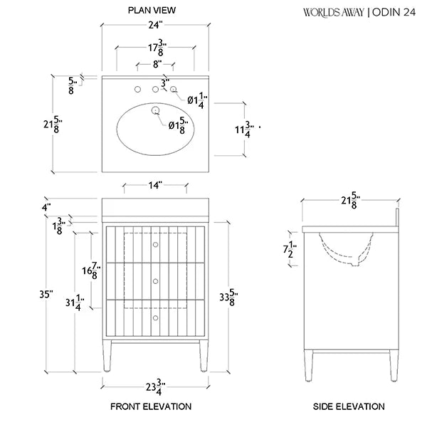 Technical drawing of a furniture piece with dimensions labeled, featuring 'Worlds Away' branding.