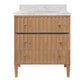 A three-drawer wooden vanity cabinet with a white marble countertop and backsplash, featuring small brass knobs and tapered legs, shown against a plain white background.