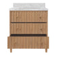 A three-drawer wooden vanity cabinet with a white marble countertop and backsplash, featuring small brass knobs and tapered legs, shown against a plain white background.