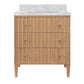 A three-drawer wooden vanity cabinet with a white marble countertop and backsplash, featuring small brass knobs and tapered legs, shown against a plain white background.