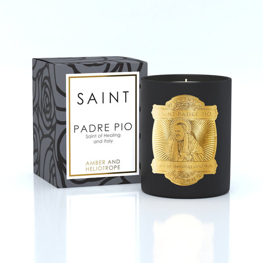 Black candle with gold emblem and packaging labeled 'Saint Padre Pio' on a white background