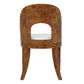 A mid-century modern accent chair featuring a curved backrest with a cutout, crafted from richly figured burl wood with a white upholstered seat, shown against a plain white background.