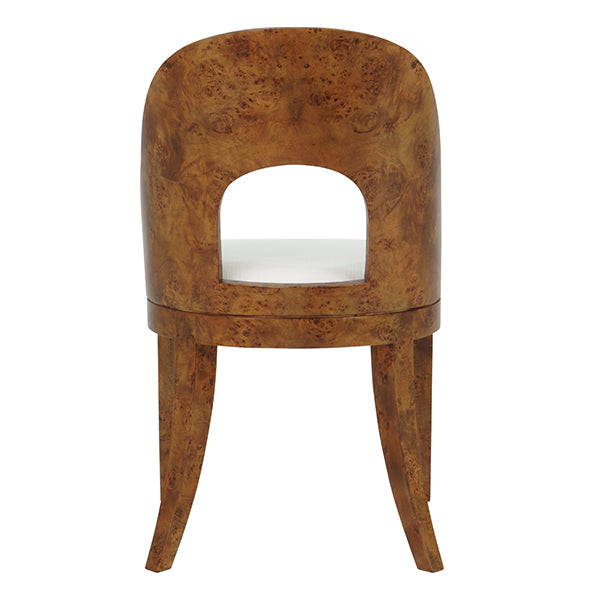 A mid-century modern accent chair featuring a curved backrest with a cutout, crafted from richly figured burl wood with a white upholstered seat, shown against a plain white background.