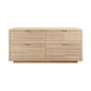 Beige woven storage bench on a white background