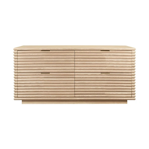 Beige woven storage bench on a white background
