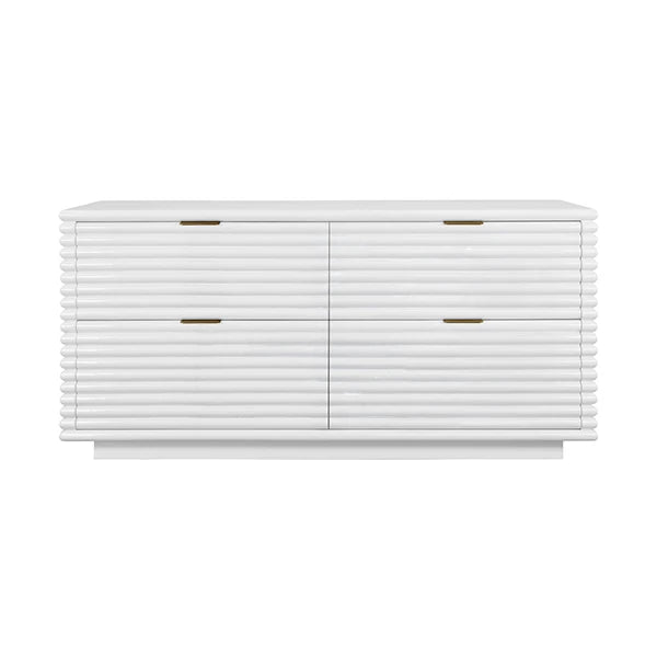 White dresser with gold handles on a white background