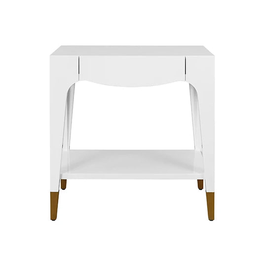 White side table with gold legs on a white background
