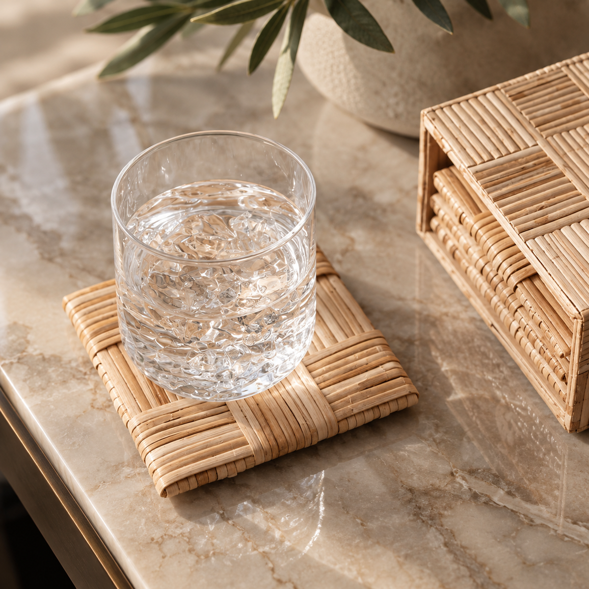 A clear glass tumbler filled with water sits on a woven natural-fiber coaster on a marble surface, with a matching woven box and a plant in the background.