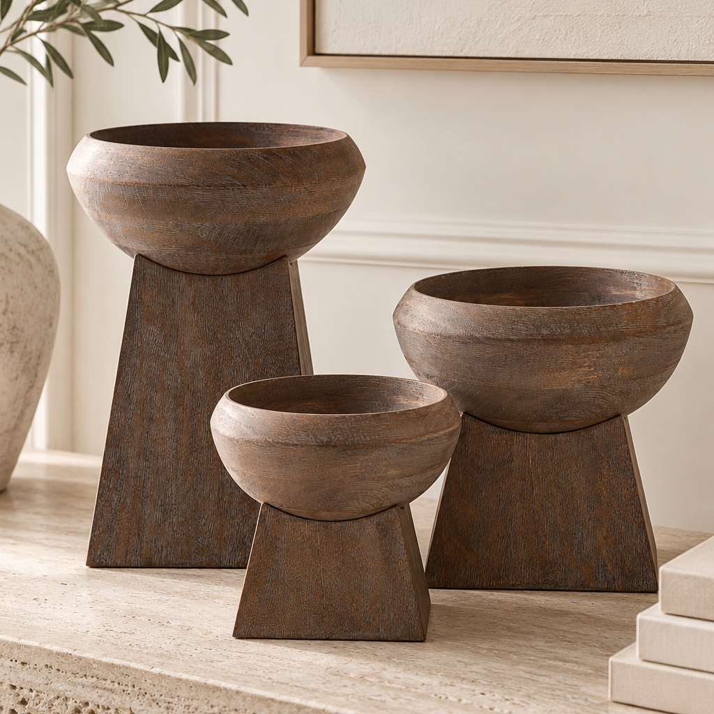 Three rustic dark brown wooden bowl planters on matching pedestal bases, arranged on a light stone surface in an indoor setting.