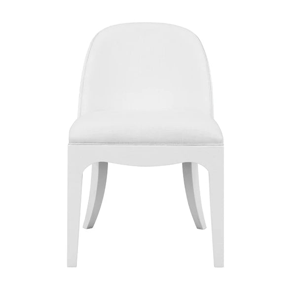 A modern white dining chair with a curved, upholstered backrest and tapered legs, shown from a front-facing perspective on a solid white background.