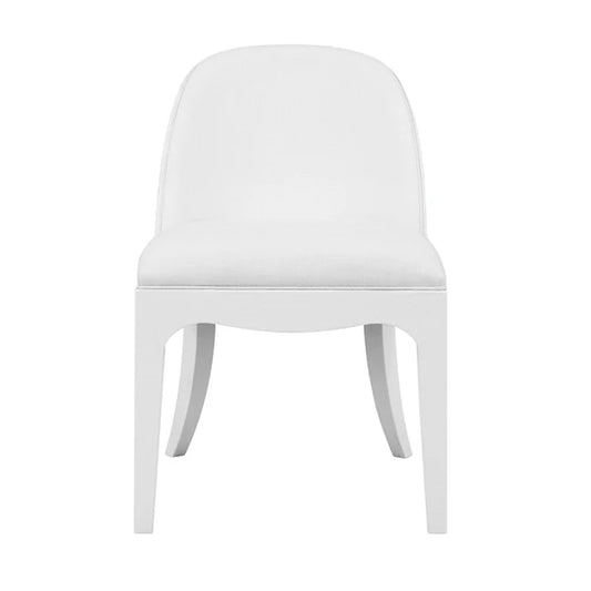 A modern white dining chair with a curved, upholstered backrest and tapered legs, shown from a front-facing perspective on a solid white background.