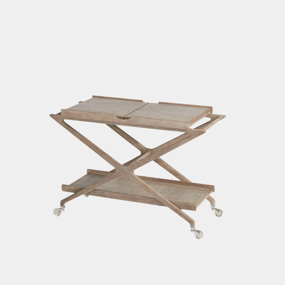 Wooden serving cart with two trays on a white background