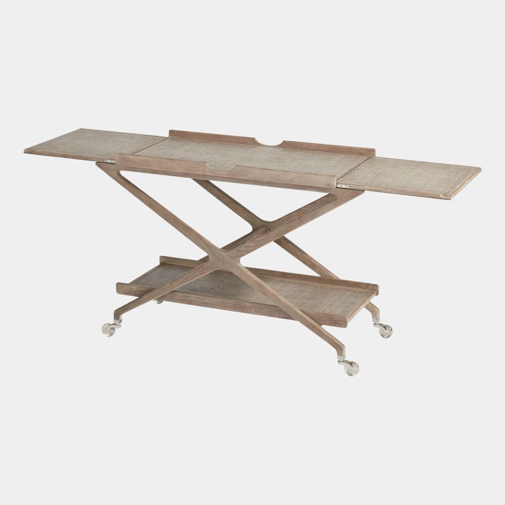 Wooden serving cart with extendable top on a white background