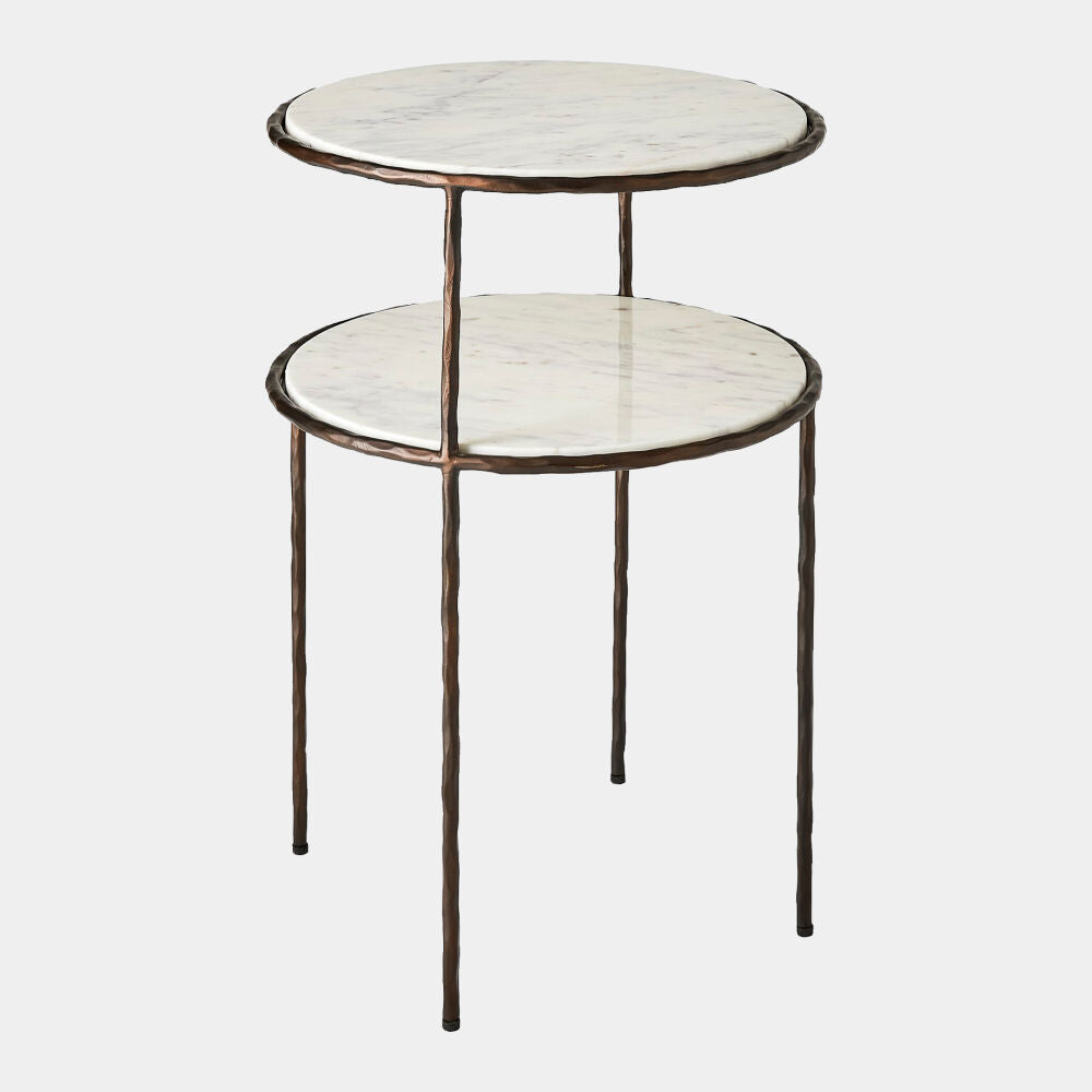 two-tier marble and bronze iron side table on a white background
