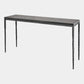 Long rectangular table with a dark surface and thin legs on a white background