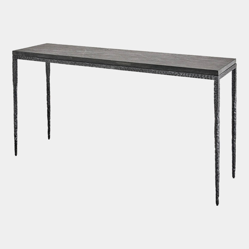 Long rectangular table with a dark surface and thin legs on a white background
