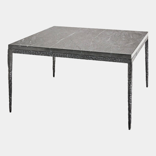 Square dining table with a gray marble top and black metal legs on a white background