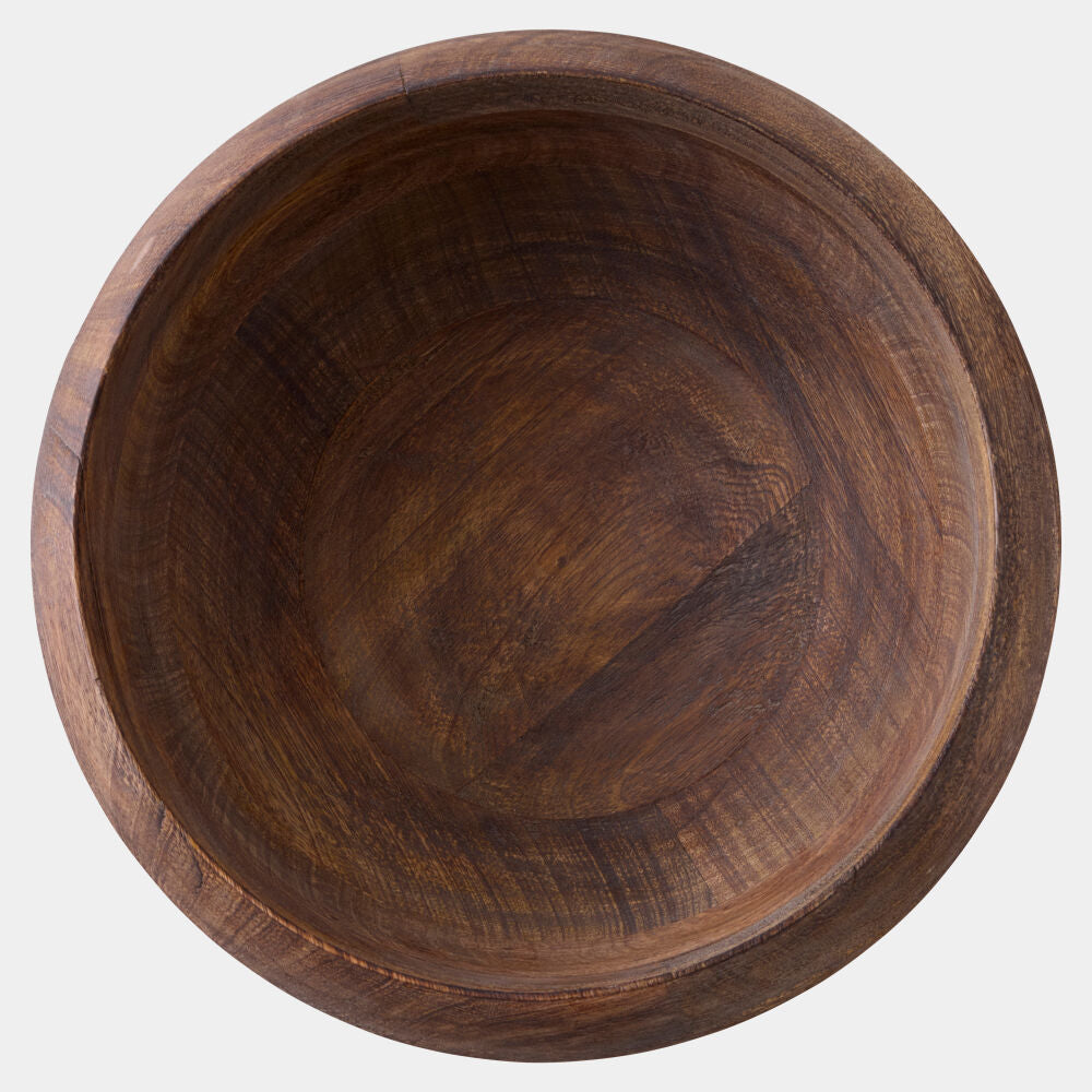 A round wooden bowl with a rich dark brown finish and visible wood grain patterns, photographed from a top-down perspective on a light gray background.