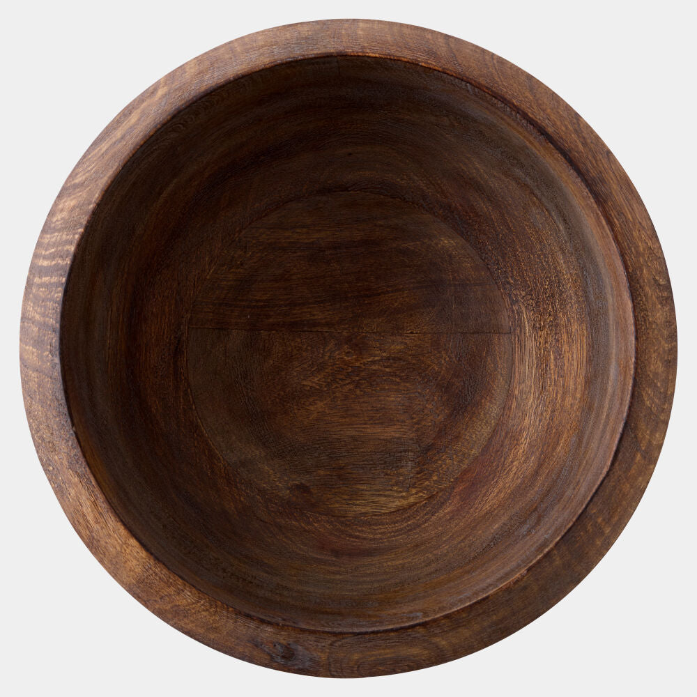 A round wooden bowl with a rich dark brown finish and visible wood grain patterns, photographed from a top-down perspective on a light gray background.