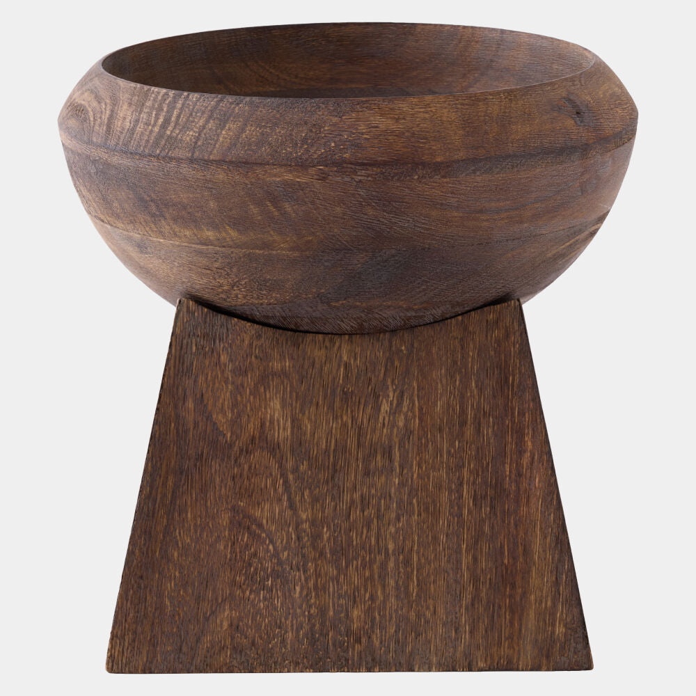 Wooden bowl on a wooden stand with a white background