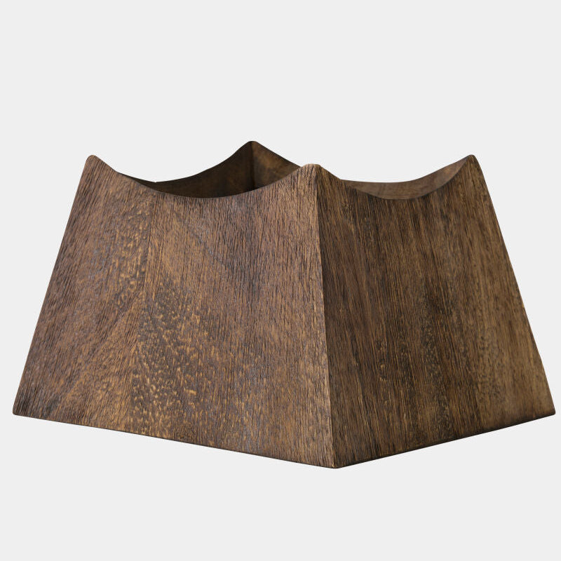 A dark brown wooden planter with a wavy, tiered design and visible wood grain texture, shown against a plain light gray background.