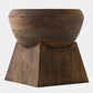 A dark brown wooden bowl with a sculptural, tiered geometric base, shown against a plain light gray background.