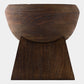 A dark brown wooden bowl with a wide, rounded rim and a geometric, tiered pedestal base, shown against a plain light gray background.
