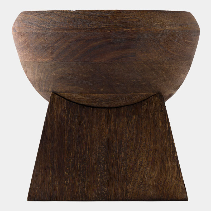 A dark brown wooden bowl with a wide, rounded rim and a geometric, tiered pedestal base, shown against a plain light gray background.