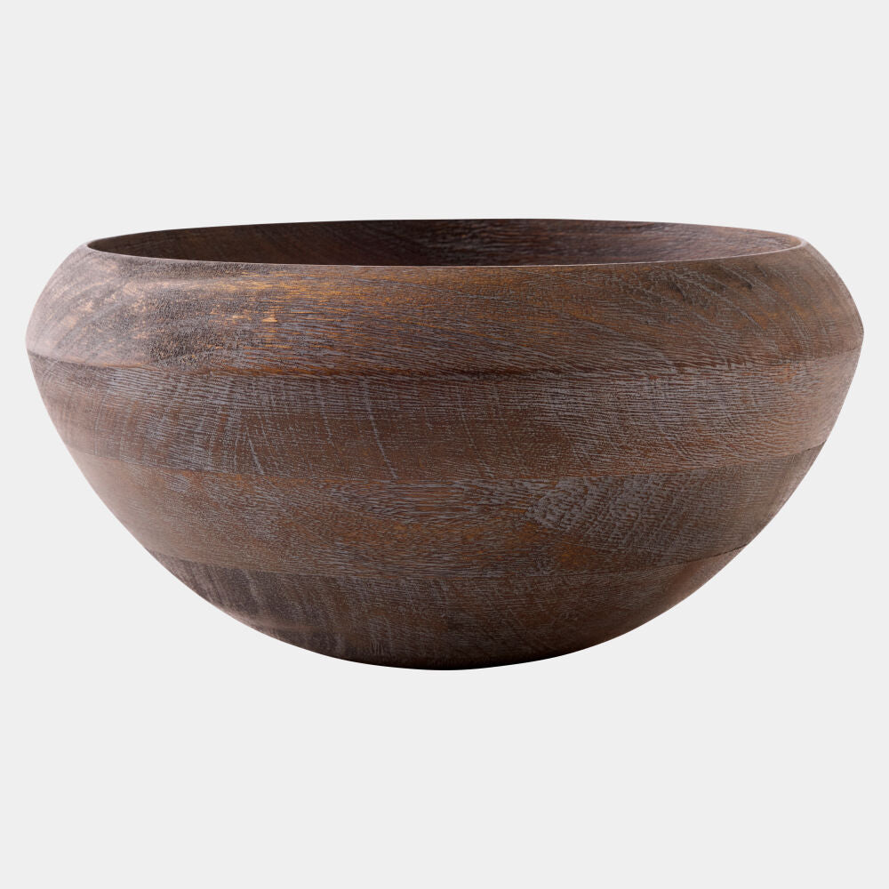 A round wooden bowl with a rustic, weathered finish showing natural wood grain and texture, photographed against a solid light gray background.