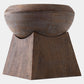 A dark brown wooden bowl with a textured grain, resting on a matching dark brown geometric pedestal base against a light gray background.
