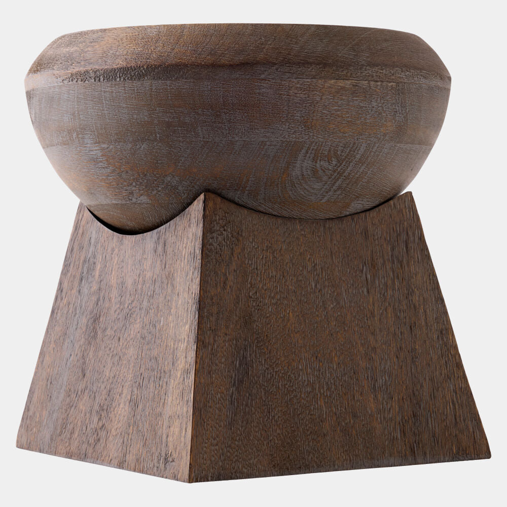 A dark brown wooden bowl with a textured grain, resting on a matching dark brown geometric pedestal base against a light gray background.