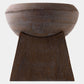 A rustic wooden pedestal stool with a rounded bowl-shaped seat and a wide, tapered block base, shown against a plain light gray background.